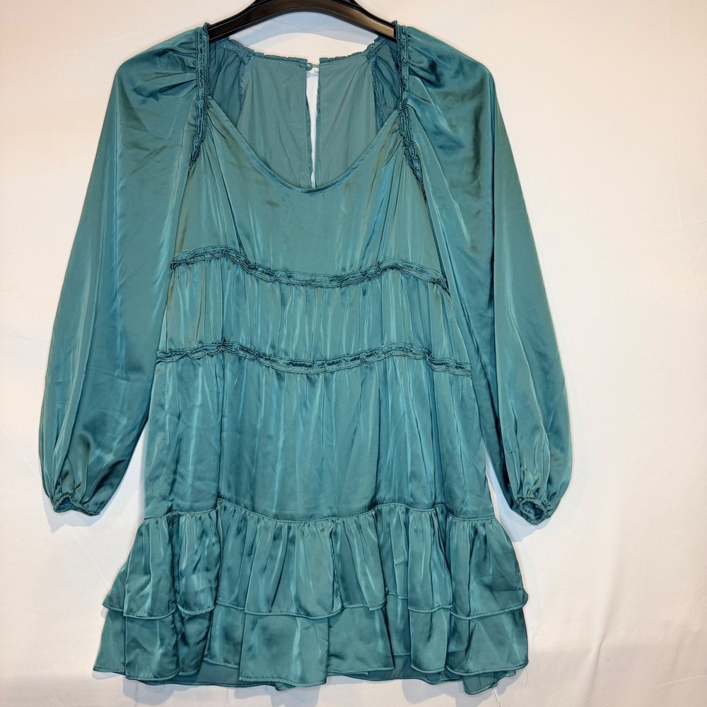Womens Teal Satin Tiered Mini Dress Long Balloon Sleeve Ruffle V-Neck Size S